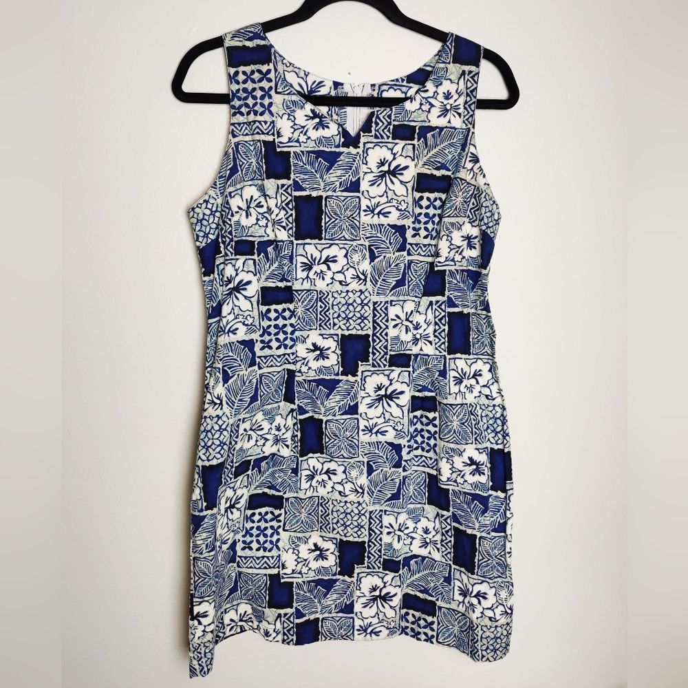 VINTAGE 90s Hawaiian print sleeveless mini shift dress L